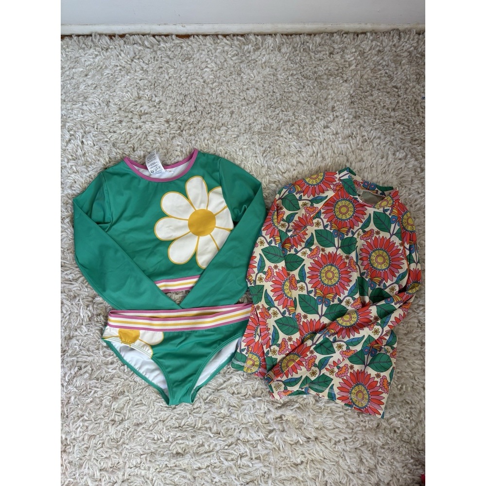 Mini Boden Swimsuit Bundle Rash Guard Green Floral 9-10 & 11-12 Preppy Vacation